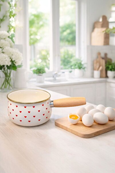 Akkoyunlu home Red Heart Enamel Saucepan & Milk Pot – Wooden Handle, Egg Cook...