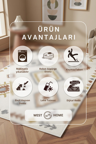 West Home Dijital Baskı Yıkanabilir Kaymaz Taban Mutfak Halısı Salon Halısı Ve Yolluk