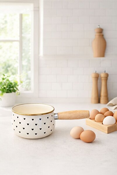Akkoyunlu home Black Heart Enamel Saucepan & Milk Pot – Wooden Handle, Egg Co...