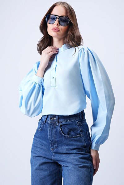 VAGGON Μπλε βρεφικό πουκάμισο με γιακά, κουμπιά μπροστά και μανίκια μπαλόνι, ...