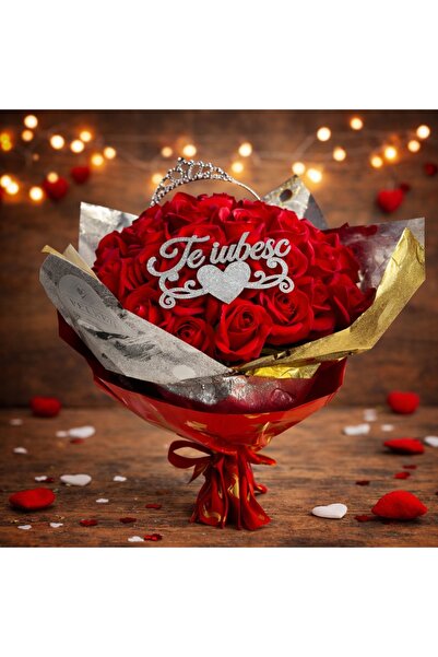 velve Buchet Royal Love cu 51 trandafiri de sapun, coronita decorativa si top...