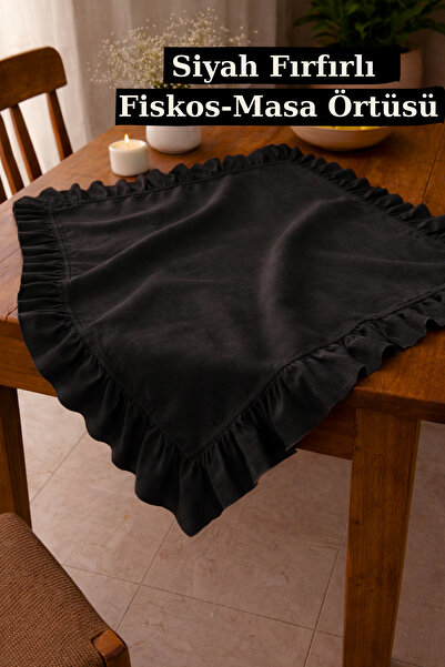 KAMİZ Fırfırlı Siyah Runner Fırfırlı Fiskos Örtüsü Fırfırlı Siyah Masa Örtüsü...