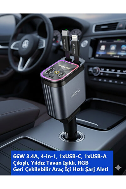 TUROVE 66W 4’ü 1 Arada Araç Şarj Cihazı | RGB Tavan Aydınlatmalı | Aynı Anda ...