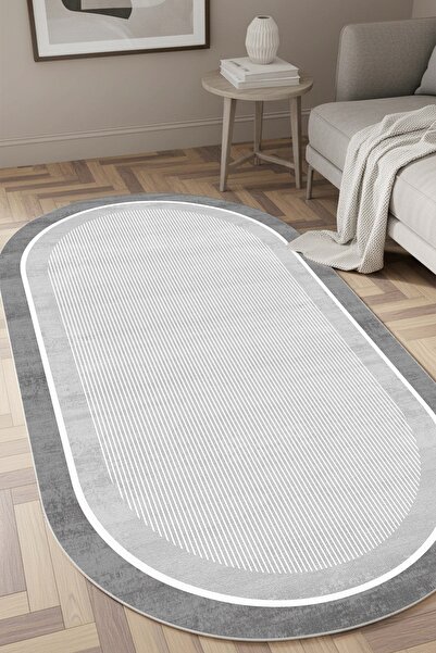 West Home Makinede Yıkanabilir Kaymaz Taban Leke Tutmaz Gri Oval Mutfak Halısı Salon Halısı ve Yolluk