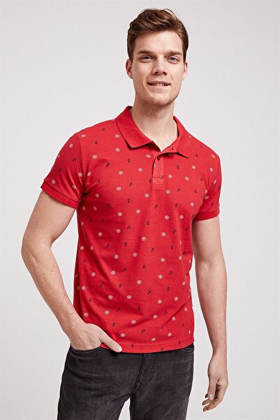 Lee Cooper Anchors Men's 100% Cotton Printed Polo Collar T-Shirt Red