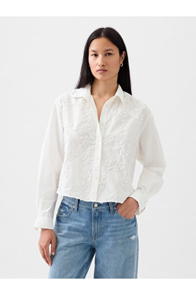 GAP Kadın Kırık Beyaz Çiçek Motifli Crop Gömlek