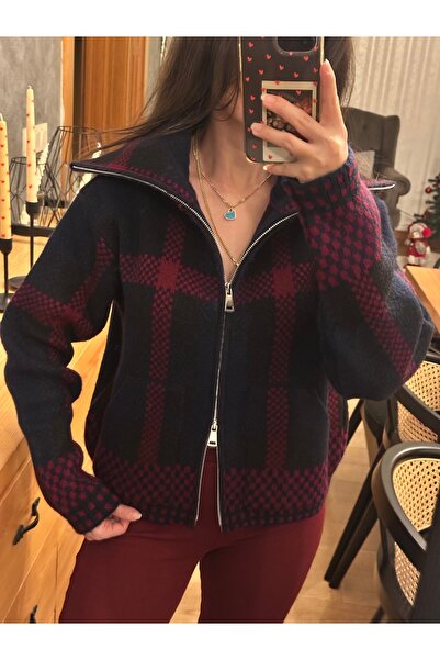 inmuse Çift Fermuarlı Bordo Lacivert Ekose Triko Hırka