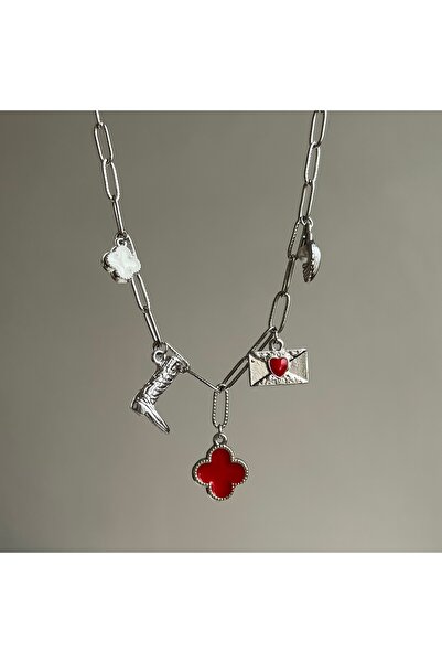 Büşra Shine Aksesuar Charm Detaylı Silver Kolye