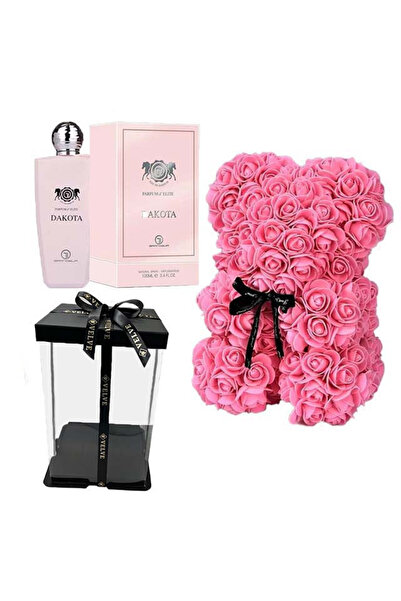 velve Set cadou fete, Ursulet floral roz cu inima alba din spuma 25 cm, parfu...