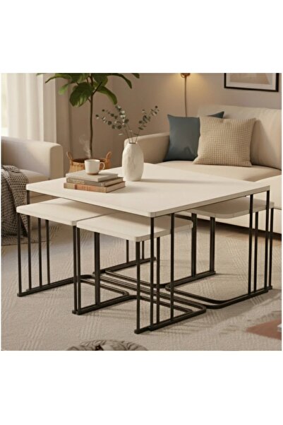 Nokta Sehpa Home 5li TEKERLEKLİ 4+1 YAVRULU ORTA SEHPA siyah metal beyaz tabla