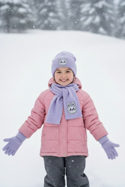 AYDINER TEKSTİL Labubu Embroidered Scarf, Beanie, Glove Set Lila (3-8 Years)