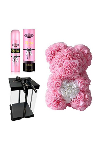 velve Set cadou fete, Ursulet floral roz cu inima alba din spuma 25 cm si Par...