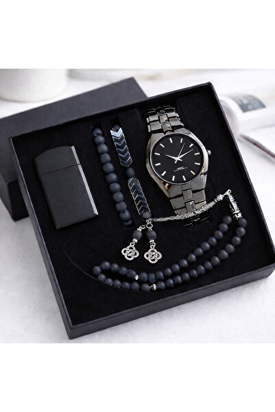 T&GR ERKEK KOL SAATİ SU GEÇİRMEZ ÇELİK KORDON ÇAKMAK TESBİH BİLEKLİK HEDİYE SETİ