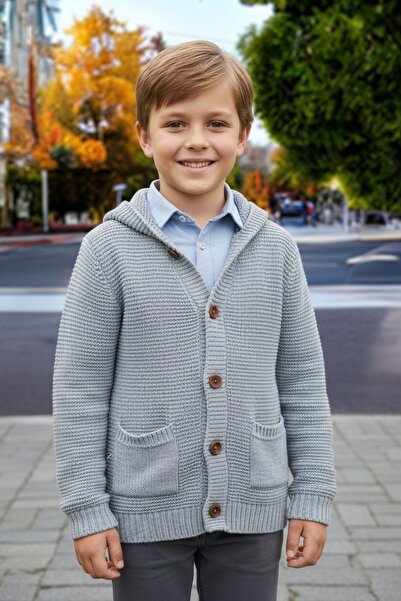 Ercahome tekstil Gray Hooded Buttoned Unisex Cardigan for Girls / Boys