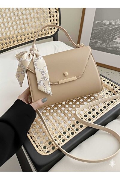 METEBAGS Bej Suni Deri Fular Detaylı Çapraz Askılı Omuz& El Çantası