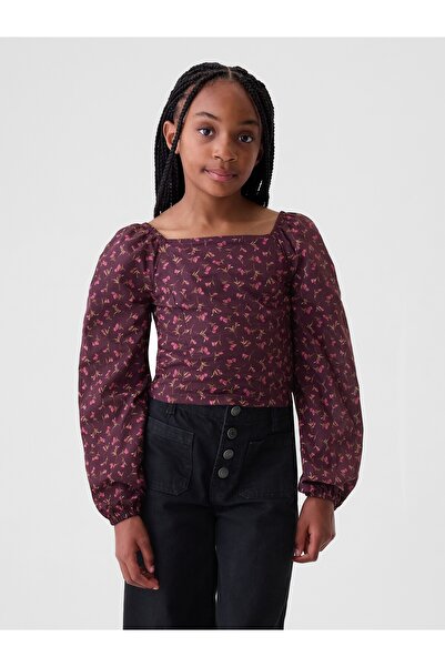 GAP Kız Çocuk Kırmızı Desenli Balon Kol Crop T-Shirt