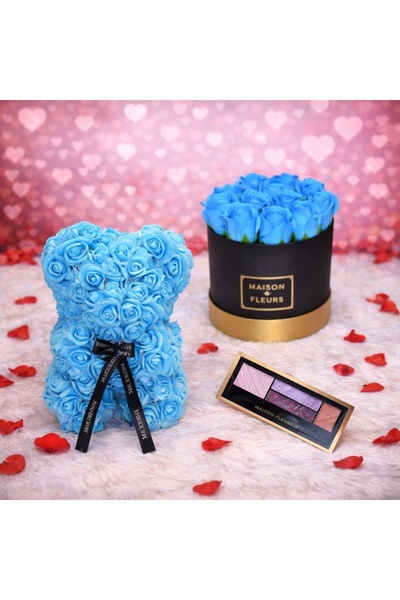 velve Floral arrangement box with blue soap roses, Floral teddy bear 25cm, blue