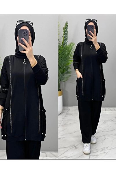 modamira Kadın Siyah Pamuk Viskon Tarz Günlük Genç Anne fermuar Taş Detaylı T...