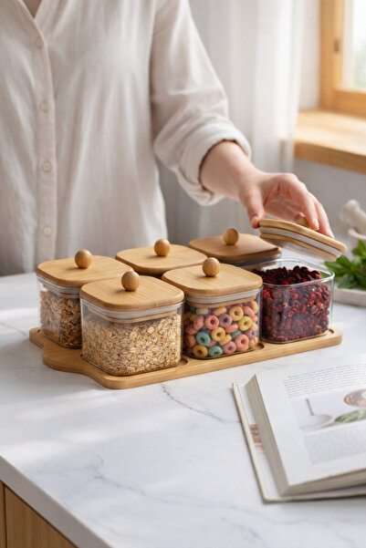 Paşabahçe Bambu Standlı Bambu Kapaklı Cam Kahvaltılık-Meze Saklama Seti-7 Par...