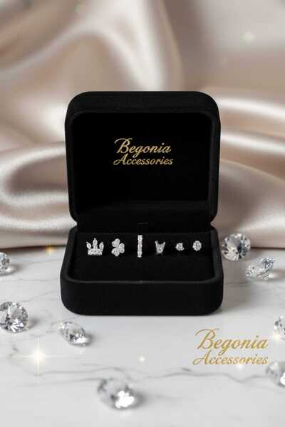 Begonia Accessories 925 Ayar Gümüş 6 Adet Zirkon Taşlı Hızma Küpe Olarak Kull...