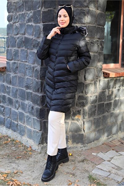 TRENDTESETTÜR معطف نسائي أسود قابل للنفخ K بغطاء رأس T 2142