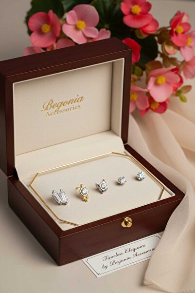 Begonia Accessories 925 Ayar Gümüş 5 Adet Zirkon Taşlı Hızma Küpe Olarak Kull...