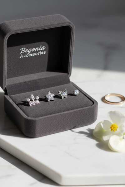 Begonia Accessories 925 Ayar Gümüş 4 Adet Zirkon Taşlı Hızma Küpe Olarak Kull...