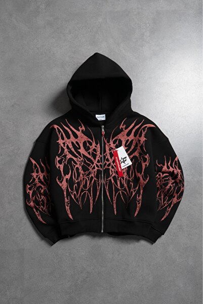 Crupt Studio Inferno Spikes Red Boxy Crop Black Men's Jacket Zip Hoodie