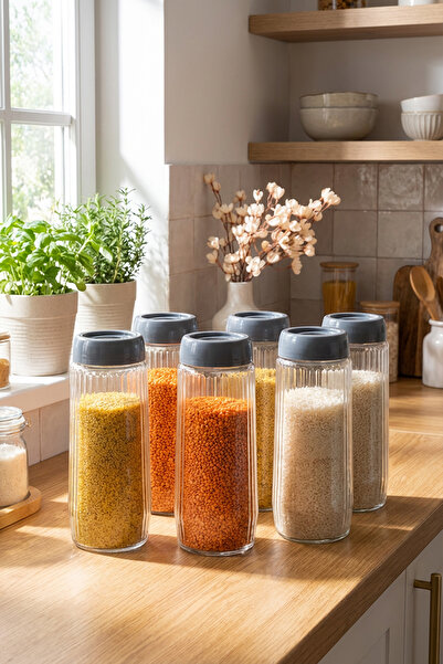 Homekolik Set of 6 Anthracite Lid 1500 ml Glass Jars – , Airtight, Modern Kit...