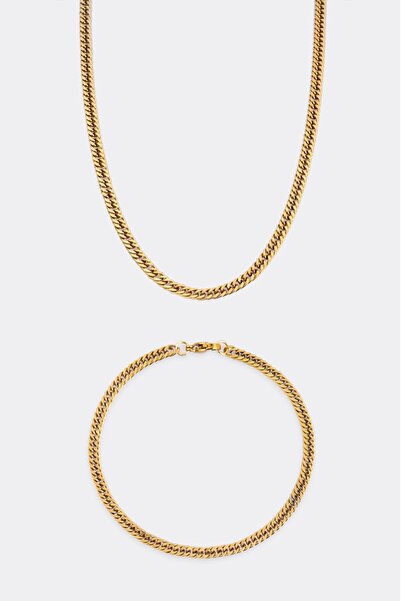 Crupt Studio 4mm Retro Gold Steel Chain Men's Necklace and Bracelet Set Ka1062Al