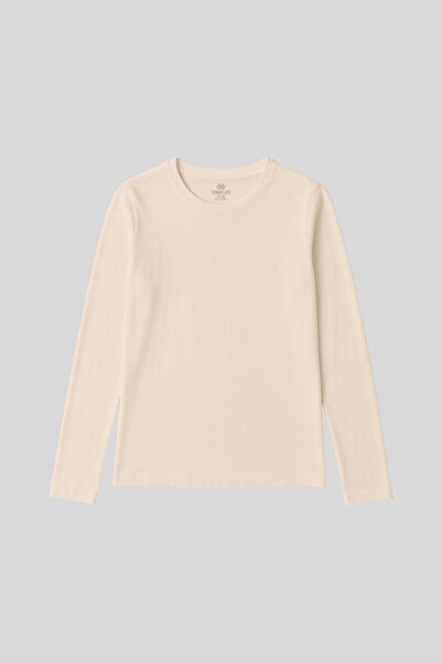 TOMMY LIFE Бежова дамска тениска с обло деколте, стандартна кройка и дълъг ръ...