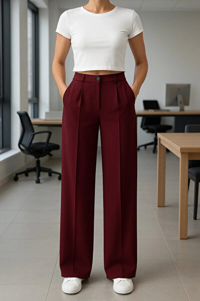 FV Palazzo Oversize Orjinal Kesim Bordo Kadın Pantolon