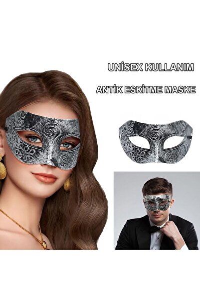 partidolu Halloween Gümüş Eskitme Erkek Uyumlu Desenli Antik Balo Maskesi 21x...