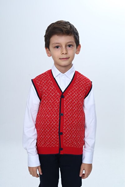 Toontoy Boy's V-Neck Buttoned Knit Vest - Diagonal Patterned