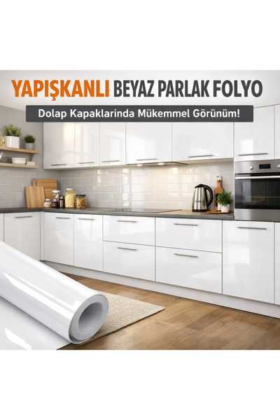 OMEGA DESIGN Parlak Beyaz Yapışkanlı Folyo Mutfak Dolap Ve Mobilya Kaplama Folyosu