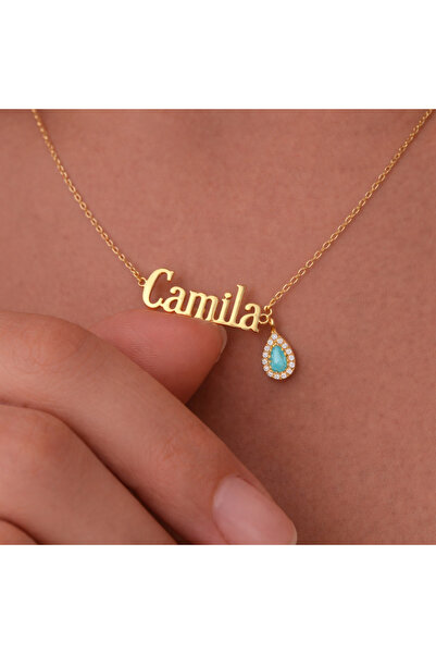 Soleildor Küçük Damla Taşlı Yan İsim Gümüş Kolye