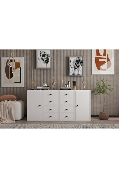 Nettrends Iki Kapaklı Sekiz Çekmeceli Raflı Beyaz Şifonyer Çıtasız Şfn-1068-ç