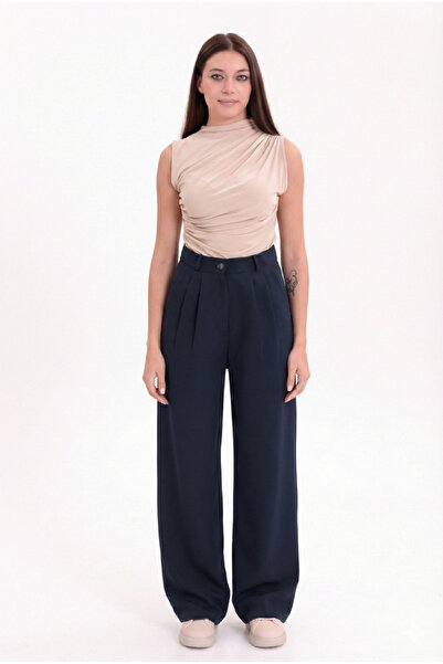 H&A İSTANBUL بنطلون بالازو نسائي عالي الخصر من القماش المطوي باللون الأزرق ال...