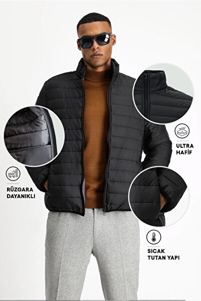 Kiğılı Dik Yaka Fermuarlı Cepli Rüzgara Dayanıklı Sıcak Tutan Kapitone Spor Mont