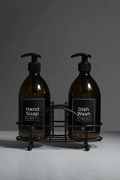 2-Piece Amber Glass Soap Dispenser Set 500 ml Black Metal Stand Waterproof Label Set
