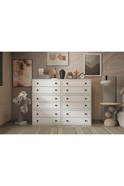 Nettrends Oniki Çekmeceli Raflı Beyaz Şifonyer Çıtasız Şfn-1052-ç