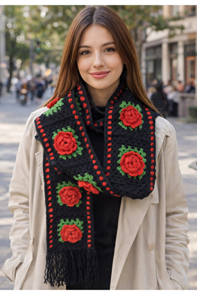 diğerr1 Megahan boutique eșarfă neagră cu motiv de trandafiri, set de eșarfe ...