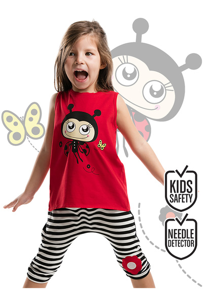 Denokids Red Ladybug Striped Girls' Summer T-Shirt Capri Shorts Set