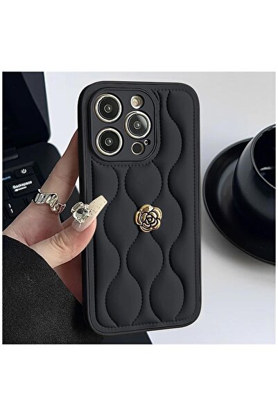 Zebana Apple iPhone 15 Pro Uyumlu Kılıf Zebana Camellia Deri Kılıf Siyah