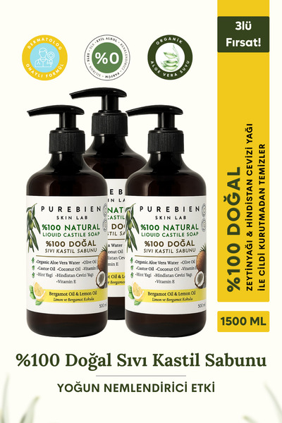 purebien skin lab 3lü Fırsat %100 Doğal Kastil Sıvı Sabun - Bergamot & Limon ...