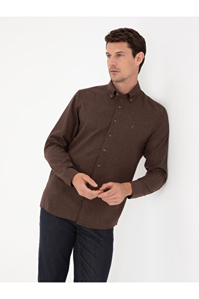 Cacharel قميص فلانيل بأزرار وياقة من مزيج القطن بقصة ضيقة بلون بني داكن 50318...