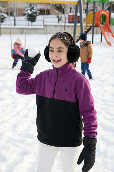 Lela Soft Textured Half Zipper Color Block Stand Collar Fleece Unisex Childre...