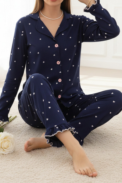 ELİTOL Kalp Desenli Bürümcük Örme Uzun Kol Kadın Düğmeli Pijama Takımı