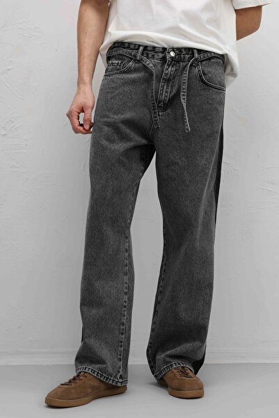 VAMOSCLO Kemer Detaylı Şeritli Baggy Jean Gri