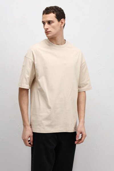 VAMOSCLO Basic Oversize Crew Neck T-Shirt Beige